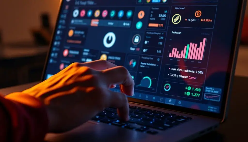 A close-up view of a person's hands carefully managing and manipulating digital assets on a sleek, futuristic-looking computer interface. The screen displays various virtual currencies, NFTs, and other digital goods that can be monetized. The lighting is a warm, ambient glow that emanates from the display, casting a soft, focused illumination on the hands. The background is slightly blurred, emphasizing the importance of the digital transaction process. The overall mood is one of precision, control, and the potential for financial gain through the effective management of digital assets.