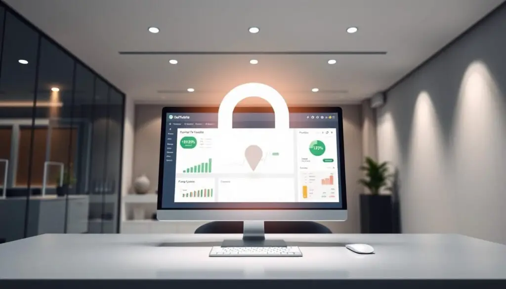 A secure online investment platform with a sleek, modern interface. In the foreground, a stylized padlock icon represents the robust security measures, surrounded by financial data visualizations. The middle ground features a desktop computer screen displaying portfolio performance charts and analytics tools, all set against a backdrop of a minimalist, corporate office environment with clean lines and neutral tones. Subtle lighting creates depth and highlights the attention to detail, conveying a sense of professionalism and trustworthiness. The overall atmosphere evokes a secure, technology-driven, and sophisticated online investment experience.