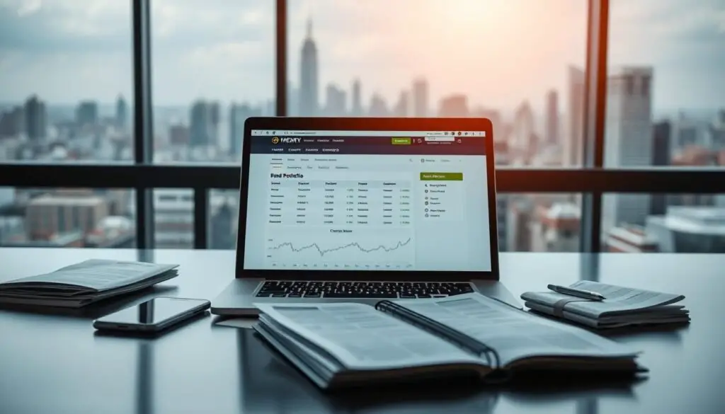 A sleek, modern desktop with a laptop, smartphone, and financial documents arranged neatly. The laptop screen displays a web-based investment platform, showcasing bond portfolio management tools. Soft, directional lighting illuminates the scene, creating a professional, digital atmosphere. The background features a blurred cityscape, hinting at the global nature of online bond investments. The overall composition conveys a sense of efficiency, control, and the seamless integration of finance and technology.